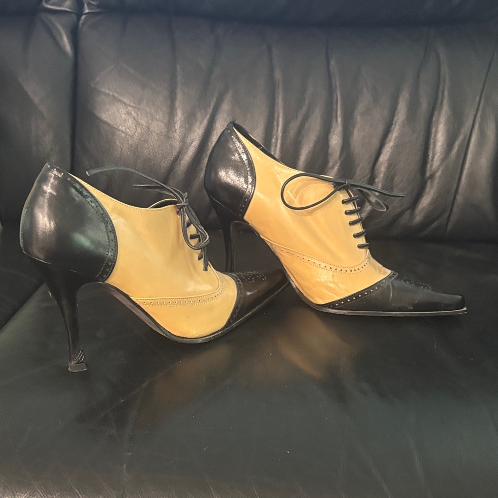 bebe Two-Tone Lace-Up Pointed Heels in Black and Tan
